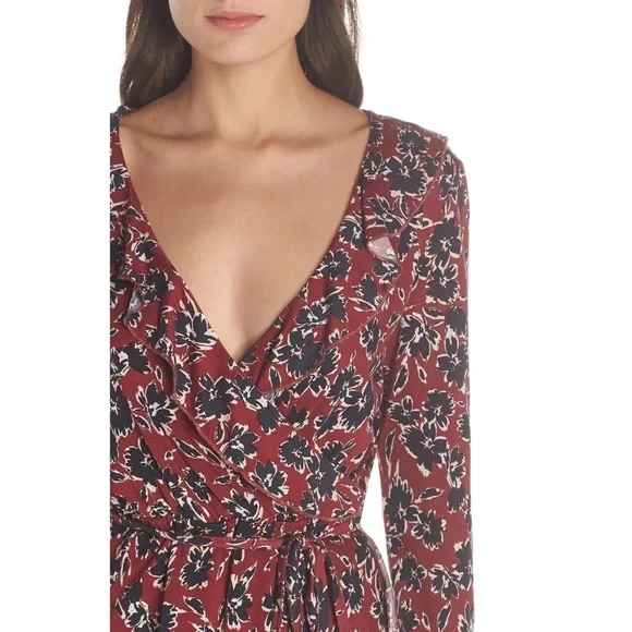 French Connection] Red Jersey Floral Wrap Dress